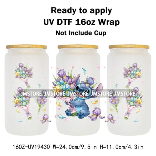 Cartoon Holding Bouquet Flowers UV DTF Cup Wrap Ready To Apply Transfer Stickers Durable 16OZ Tumbler Wraps For Libbey Glass Can