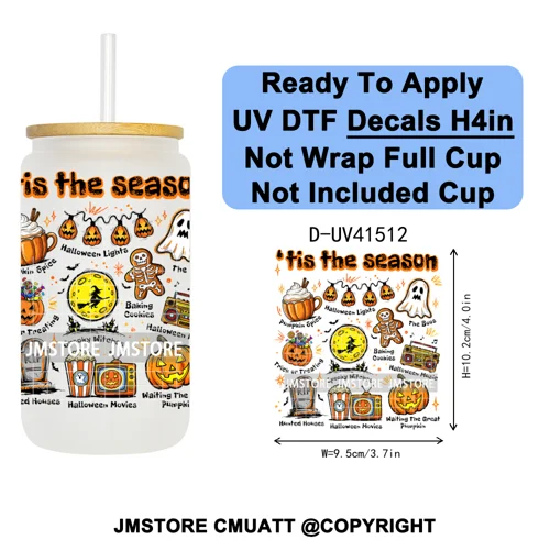 Spooky Highland Cow Halloween Ghosts Pumpkin UV DTF Decals Ready To Apply Waterproof Transfer Stickers For 16OZ Libbey Glass Can