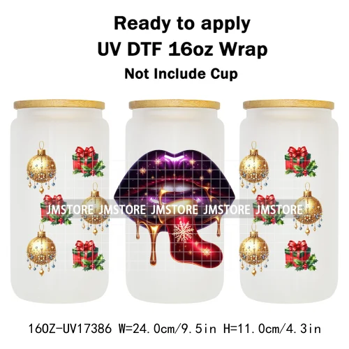 Colorful Christmas Lips Holiday Gifts Xmas Balls UV DTF Wraps Transfer Sticker Waterproof Logo For 16OZ Libbey Glass Can Tumbler