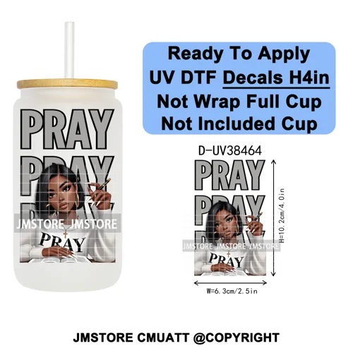 Black Girl Praying Faith Religious Women UV DTF Transfer Stickers Decals Ready To Apply Waterproof For 16OZ Libbey Glass Can Cup