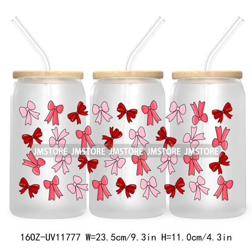 Trendy Girly Coquette Cherry Bow Valentines Gift Bears UV DTF Cup Wrap Transfer Stickers For 16OZ Libbey Glass Can Custom Logo