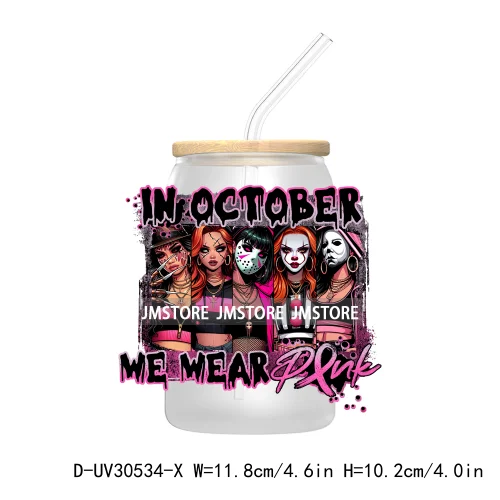 In October We Wear Pink UV DTF Transfers Stickers Decals For Libbey Cold Cups Mugs Tumbler Waterproof Craft Horror Movie Sisters