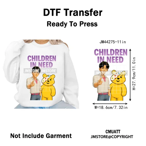 Cute Cartoon Bear Children in Need Charity Raising Kids Iron on Washable DTF Heat Transfers Stickers Ready to Press for Textiles