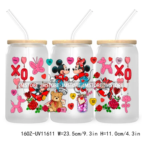 Happy Valentine's Day Cartoon Mouse Couple 16OZ UV Cup Wrap DTF Transfer Sticker For Libbey Glass Can Cups Tumbler XOXO Love Bug