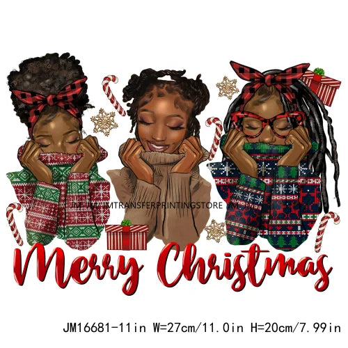 Merry Christmas Afro Girls Nails DTF Designs Festival Balck Women Just A Girl Who Love Christmas Transfer Stickers For Hoodies