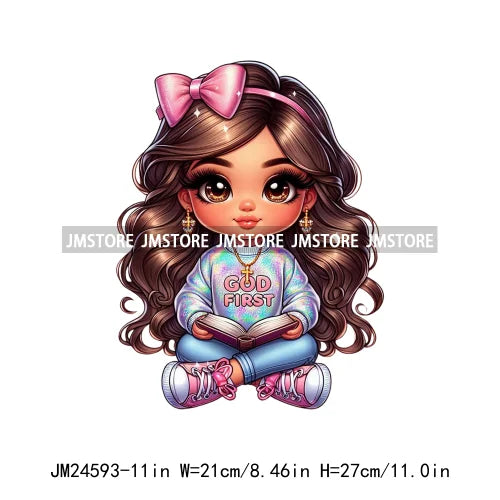 God First Chibi Cute Brown Hair Latina Dolls Baby Girls Coquette Bow Iron On DTF Transfer Stickers Ready To Press For Hoodies