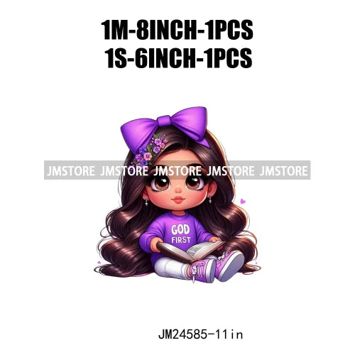 God First Chibi Cute Brown Hair Latina Dolls Baby Girls Coquette Bow Iron On DTF Transfer Stickers Ready To Press For Hoodies