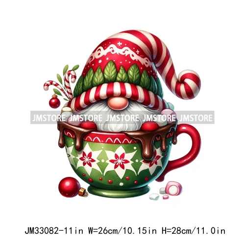 Funny Hot Cocoa Cup Festive Gnomes Wishes Candy Merry Christmas Iron On DTF Transfers Stickers Ready To Press For Sweatshirts