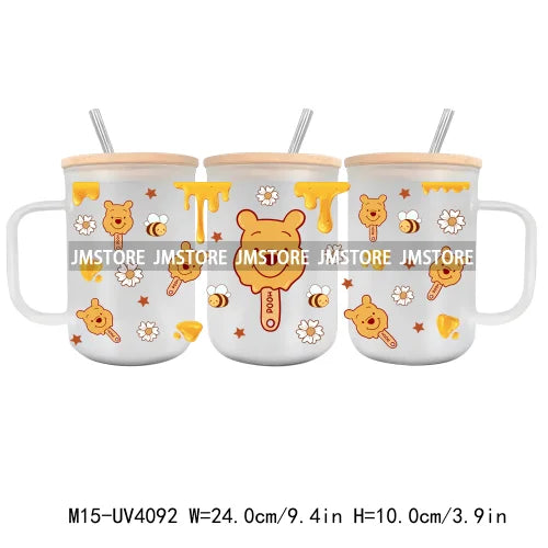 Cartoon Best Friends UV DTF Glass Can Wrap For 15OZ Mug Glass Cup Transfer Stickers DIY Custom Logo Labels Cute Cat Sunflowers