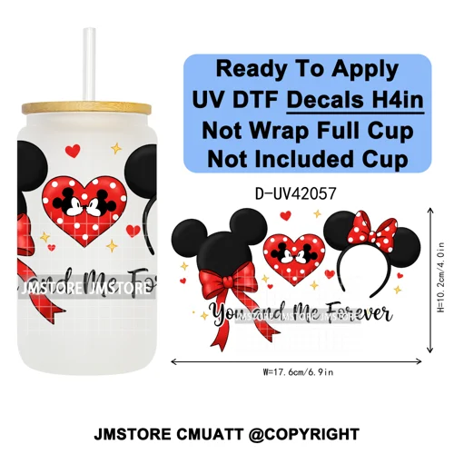 Cartoon Mouse Head Princess Family Vacation UV DTF Decals Ready To Apply Waterproof Transfer Stickers For 16OZ Libbey Glass Can
