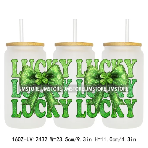 Lucky Coquette Bow Happy St Patrick's Day 16OZ UV DTF Cup Wrap Transfer Stickers Custom Waterproof Labels For Libbey Glass Can