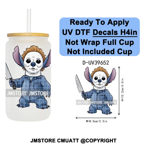 Halloween Cartoon Characters UV DTF Transfer Stickers Decals Ready To Apply Waterproof For 16OZ Libbey Glass Can Cups Tumbler