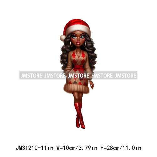 Merry And Bright Melanin Christmas Winter Festive Cheer Santa Woman Iron On DTF Transfer Stickers Ready To Press For Sweatshirts