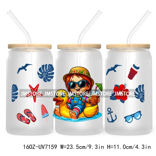 Horror's Summer Vacation 16OZ UV DTF Cup Wrap Transfers Stickers For Libbey Glass Can Cups Tumbler Waterproof Craft Cartoon Girl