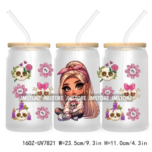 Cute Chibi Mexican Latina Baby Girl 16OZ UV DTF Cup Wrap Transfers Stickers For Libbey Glass Can Cups Tumbler Waterproof Skulls