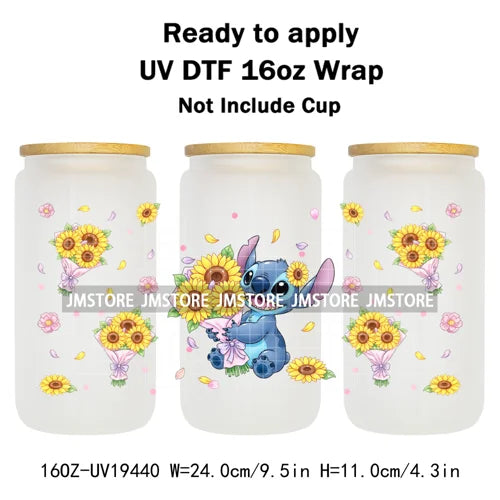 Cartoon Holding Bouquet Flowers UV DTF Cup Wrap Ready To Apply Transfer Stickers Durable 16OZ Tumbler Wraps For Libbey Glass Can