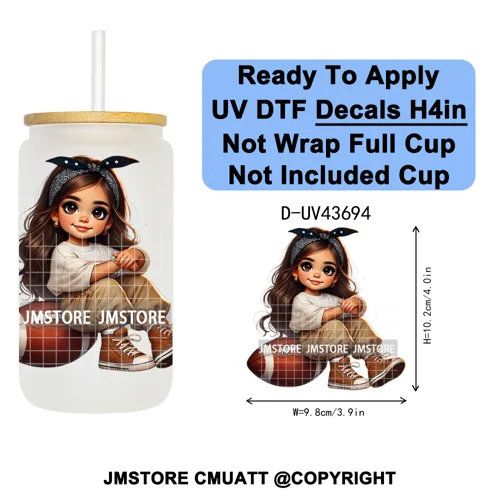 Cute Latina Baby Girl American Football UV DTF Cup Decals Ready To Apply Transfer Stickers Durable For Libbey Glass Can Tumbler