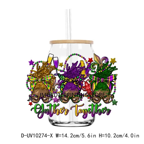 Happy Mardi Gras Afro Messy Bun UV DTF Transfers Stickers Decals For Libbey Cold Cups Mugs Tumbler Waterproof DIY Logo