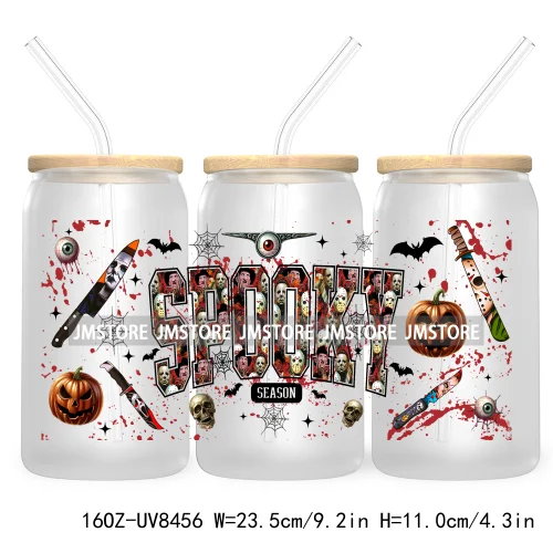 Halloween Characters 16OZ UV DTF Cup Wrap Transfer Sticker Custom Label Waterproof Logo For Libbey Glass Can Spooky Horror Movie