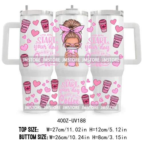 40OZ Tumbler Wrap Girl With Coffee UV DTF Cup Wraps Transfer Stickers Custom Labels Durable Waterproof Logo Pink Drinks Lady