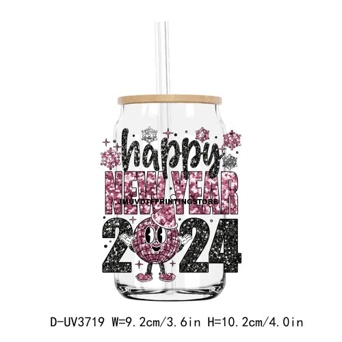 Faux Glitter Happy New Year 2024 16OZ UV DTF Cup Wrap Transfers Stickers Custom Labels DIY Waterproof Logo For Libbey Glass Can
