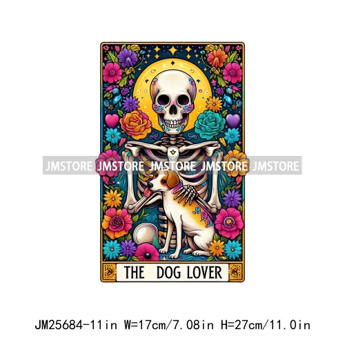 Custom Flower La Chismosa Dog Cat Lover Badass Skull Tarot Card  DTF Iron On Heat Transfers Stickers Ready To Press For Hoodies