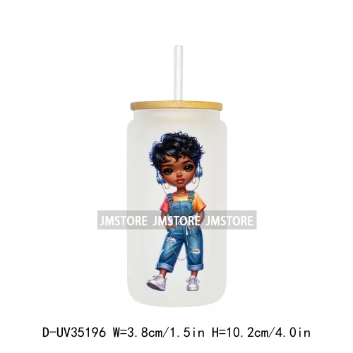 Fashion Black Chibi Denim Girl UV DTF Transfer Stickers Decals Ready To Apply Waterproof For 16OZ Libbey Glass Can Cup Tumbler