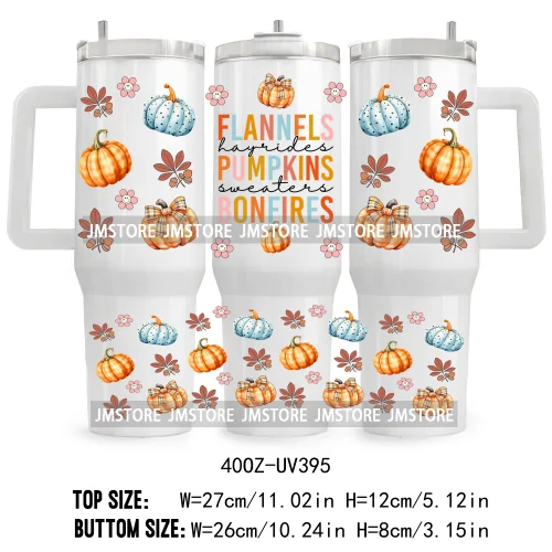 Fall Vibes Vintage Flowers UV DTF Tumbler Wrap Transfer Stickers Feral Girl Autumns Pumpkins 40OZ Wraps Waterproof Custom Labels