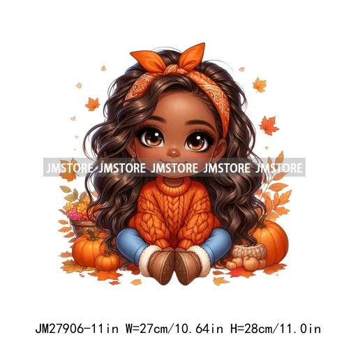 New Autumn Chibi Black Baby Girls Cartoon Afro Princess Pumpkin Fall Season DTF Iron On Heat Press Transfer Stickers For Hoodies