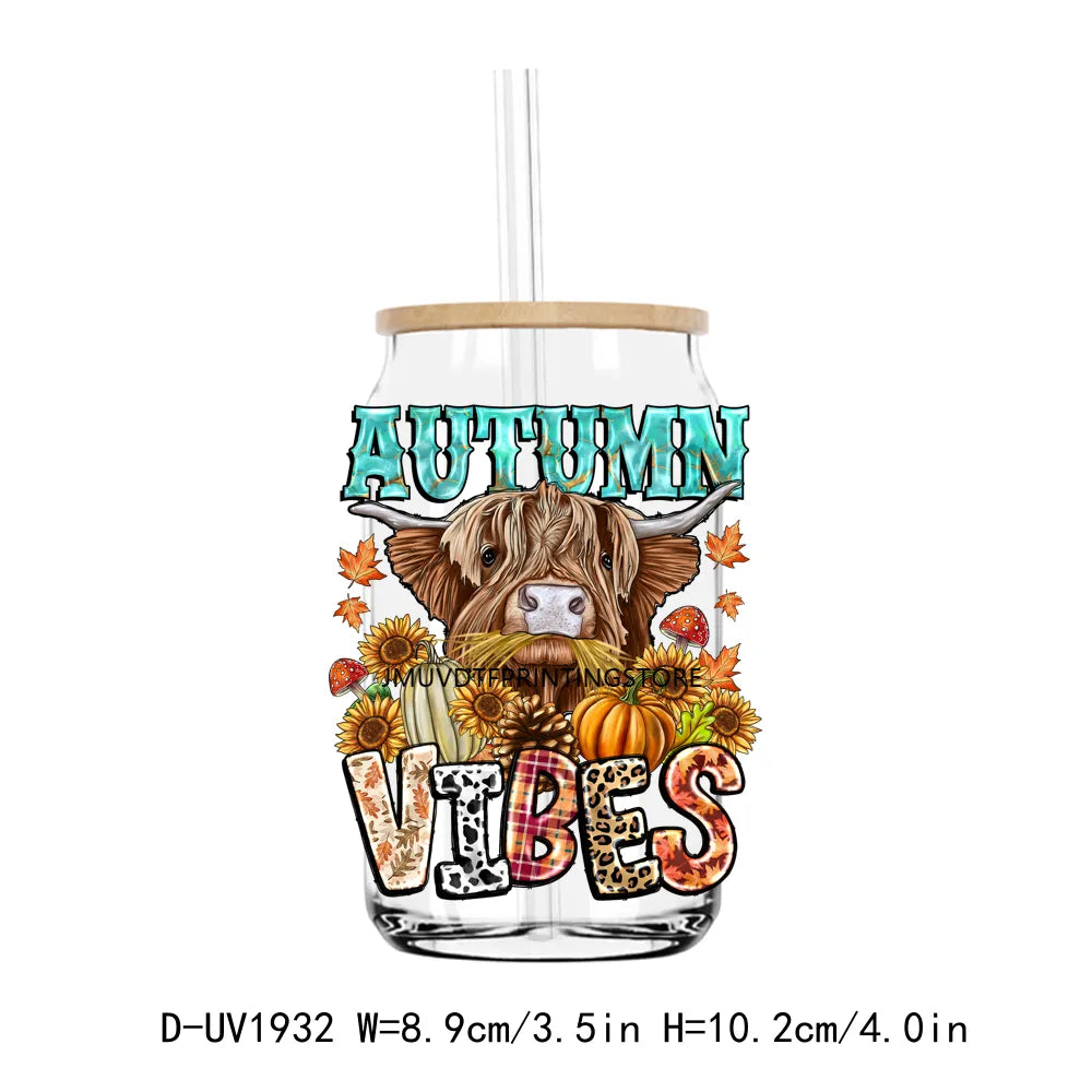 Howdy Fall Highland Cow Pumpkin UV DTF Transfers Stickers Decals For Libbey Cold Cups Mugs Tumbler Waterproof DIY Craft