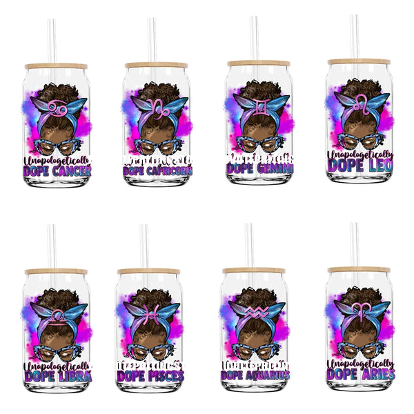 Constellation Afro Women UV DTF Transfers Stickers Decals For Libbey Cold Cups Mugs Tumbler Waterproof DIY Logo Zodiac Messy Bun