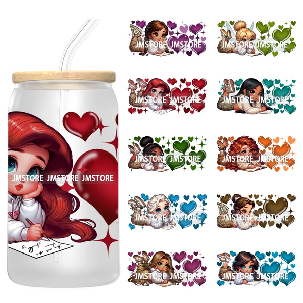Cartoon Princess Hearts UV DTF Stickers Ready to Transfer Cup Wrap Custom Labels DIY Craft For Libbey Can Glass Tumblers Mugs