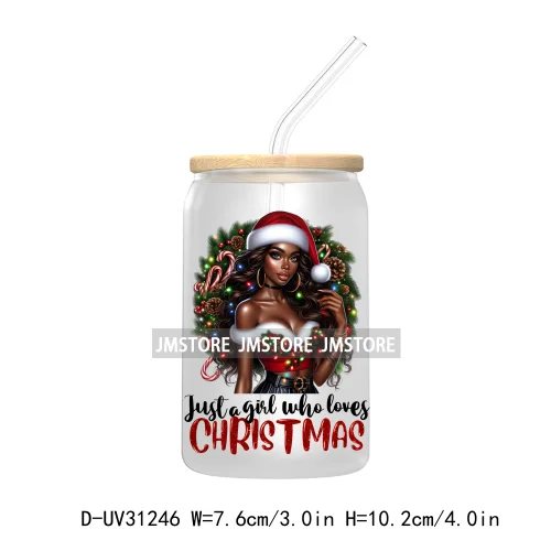 Afro Woman Nails Hip Pop Santa UV DTF Transfer Stickers Decals For Libbey Cold Cups Mugs Tumbler Just A Girl Who Loves Christmas