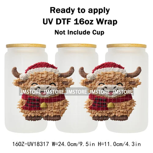 Faux Crochet Yarn Christmas Highland Cow 16OZ UV DTF Cup Wraps Ready To Apply Waterproof Transfer Stickers For Libbey Glass Can