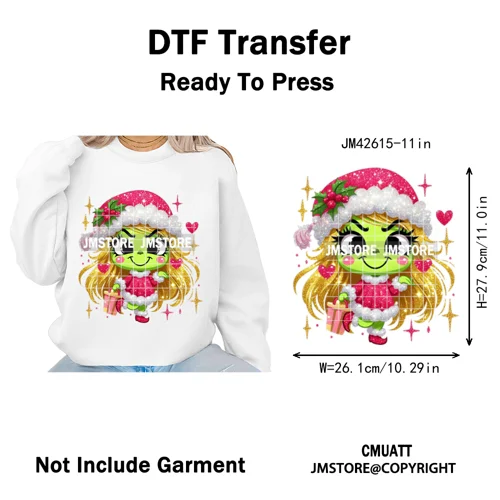 Faux Glitter Cartoon Christmas Movie Green Santa Kid Girly Xmas Iron on DTF Washable Transfer Sticker Ready to Press for Textile