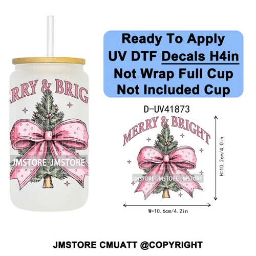 Watercolor Christmas Farm Truck Xmas Gifts UV DTF Transfer Stickers Decals Ready To Apply Waterproof For 16OZ Libbey Glass Can