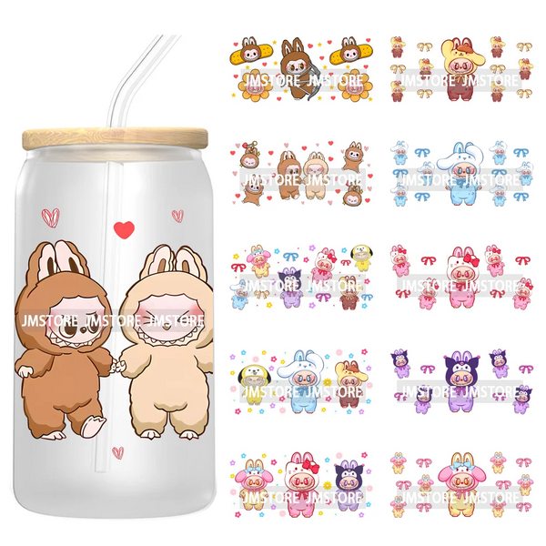Coquette Bow Cartoon Monsters In Outfit UV DTF Cup Wraps Ready To Apply Waterproof Transfer Stickers For 16OZ Libbey Glass Can