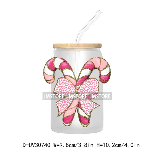 Colorful Coquette Glitter Bow Candy Cane Christmas UV DTF Transfer Stickers Decals For Libbey Cold Cups Mugs Tumbler Waterproof