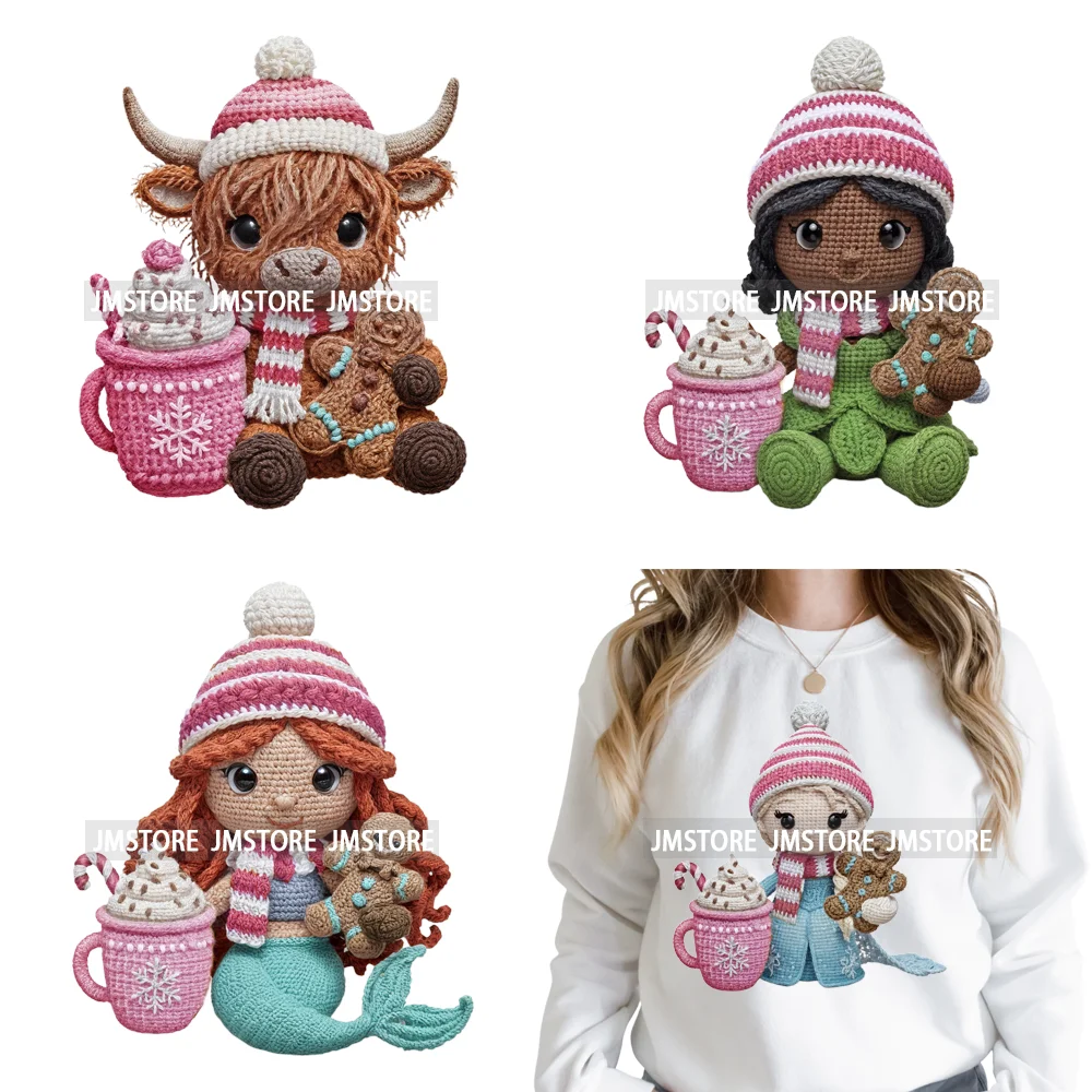 Faux Yarn Pink Hot Cocoa Cartoon Character Santa Cozy Christmas Iron on  DTF Transfers Stickers Ready to Press for T-shirts Bags