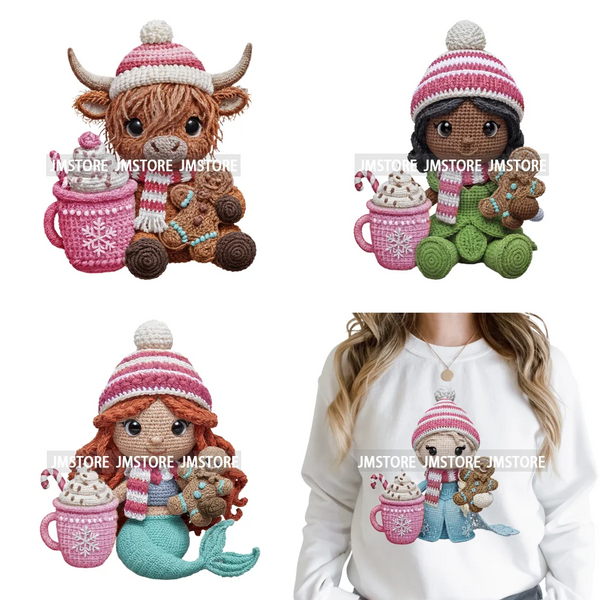 Faux Yarn Pink Hot Cocoa Cartoon Character Santa Cozy Christmas Iron on  DTF Transfers Stickers Ready to Press for T-shirts Bags