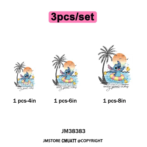 Retro Cartoon Happy Summer Vacation Vibes Coquette Seashells Iron on DTF Heat Transfer Stickers Ready to Press for Clothes Bags