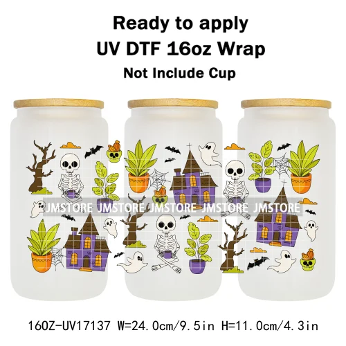 Spooky Season Halloween Pumpkin Ghost Witch Dogs UV DTF Wraps Transfer Sticker Selfadhesive Waterproof For 16OZ Libbey Glass Can