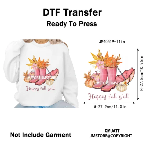 Pink Happy Fall Season Harvest Blessings Pumpkin Autumn Vibes Iron on DTF Washable Transfers Stickers Ready to Press for Hoodies