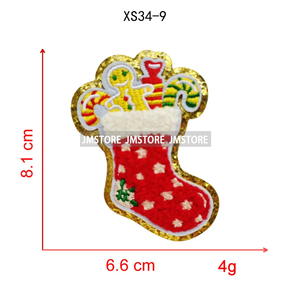Cute Santa Claus Socks Snowman Merry Christmas Winter Vibes Glitter Sequin Iron on Embroidered Chenille Patches for Hoodies