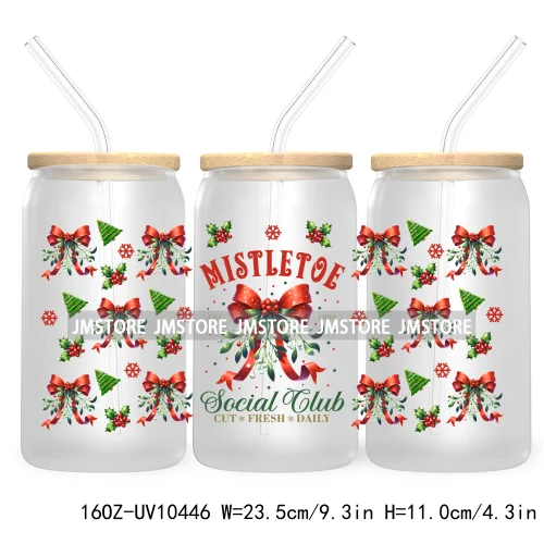 Merry Mama Social Club UV DTF Cup Wraps Transfers Sticker For 16OZ Libbey Glass Can Holiday Christmas Santa Tree Coquette Bow