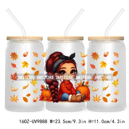 Mexican Latina Chibi Autumn Baby Girl UV DTF Sticker For 16OZ Libbey Glass Cup Can Wrap Transfer Stickers Custom Labels DIY Logo