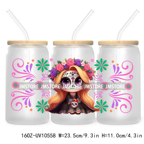 Dia De Los Muertos Mexican UV DTF Sticker For 16OZ Libbey Glass Cup Can Wrap Transfer Stickers Hispanic Halloween Sugar Skulls