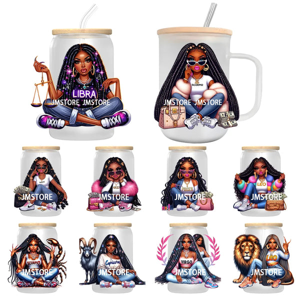 Black Girl Zodiac UV DTF Transfers Stickers Decals For Libbey Cold Cups Mugs Tumbler Waterproof Hip Hop African American Woman