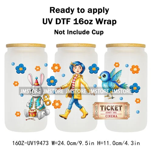 Horror Movie Witchy Girl Black Cat UV DTF Wraps Transfer Sticker Selfadhesive Waterproof High Quality For 16OZ Libbey Glass Can