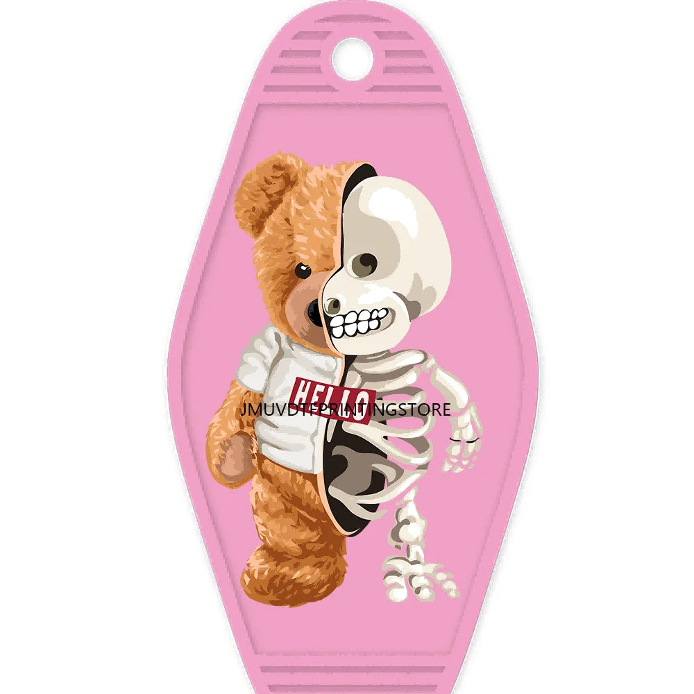 Cute Pink Teddy Bear Girl High Quality WaterProof UV DTF Sticker For Motel Hotel Keychain Brown Bears Baseball